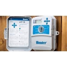 Open Hunter irrigation controller showing wiring and programming controls
