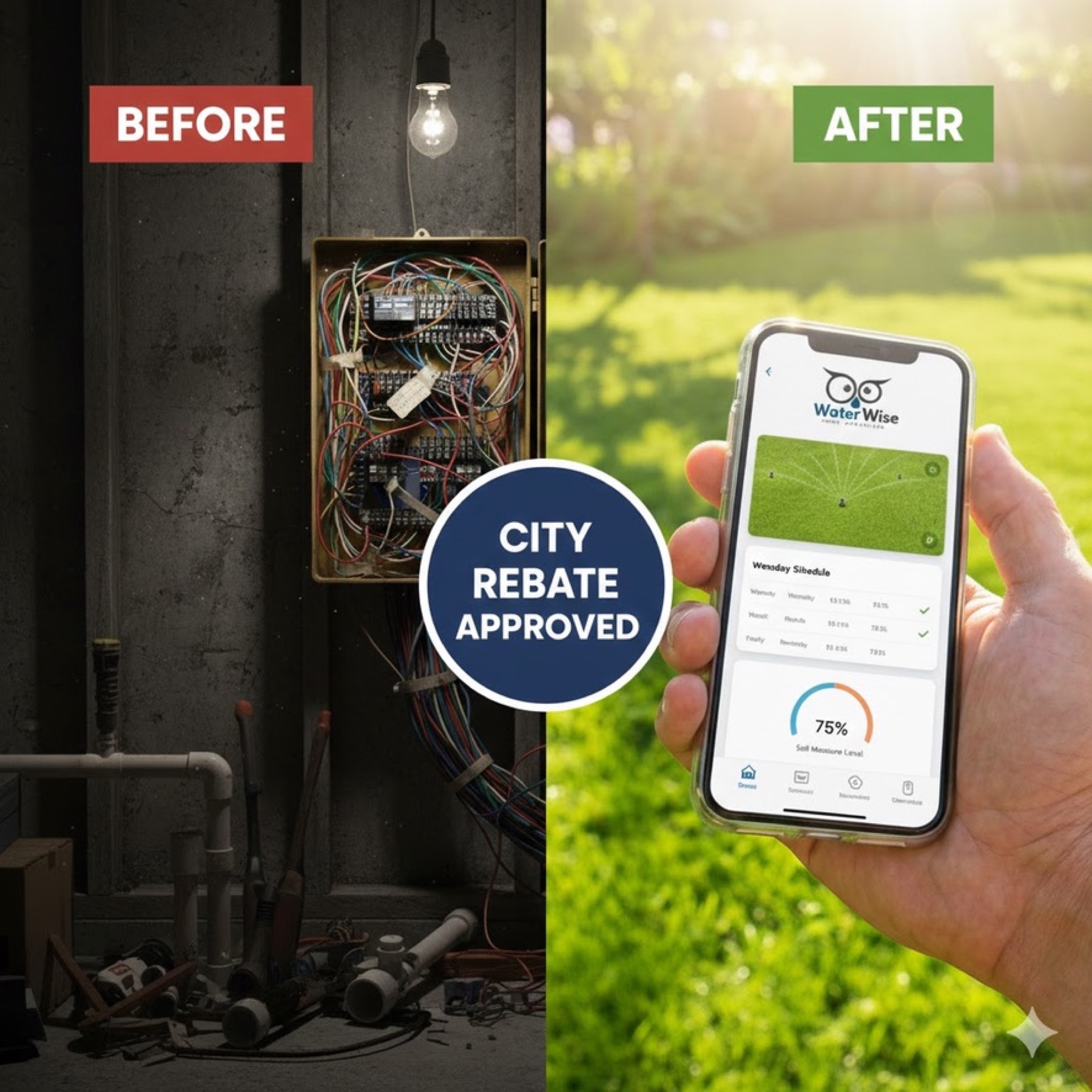 Before and after concept showing an older irrigation controller and a phone-managed smart watering system