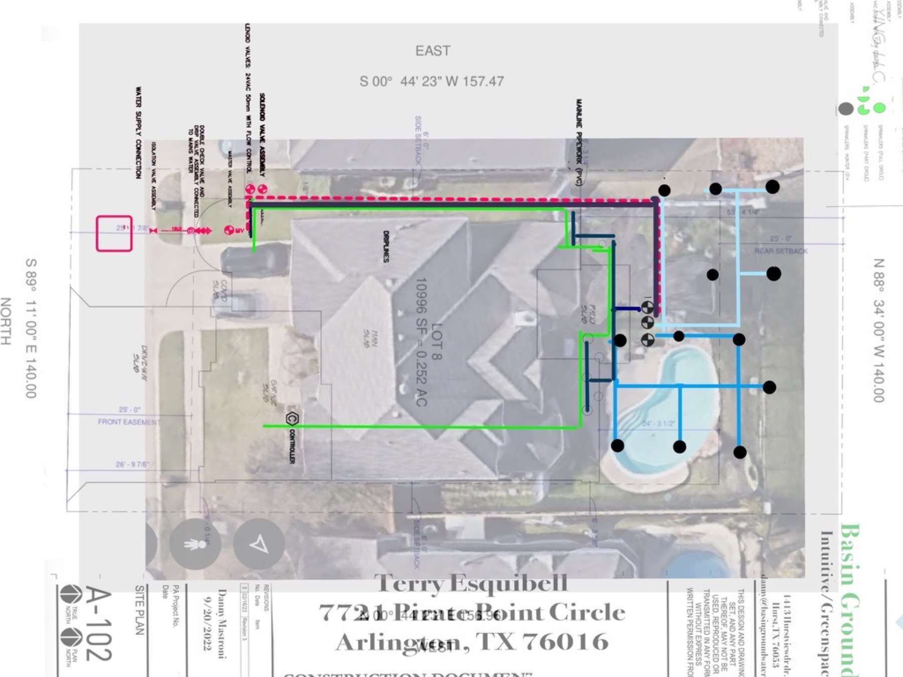 Annotated Waterline irrigation and drainage site plan showing zones, pipe routes and controller placement for a DFW home